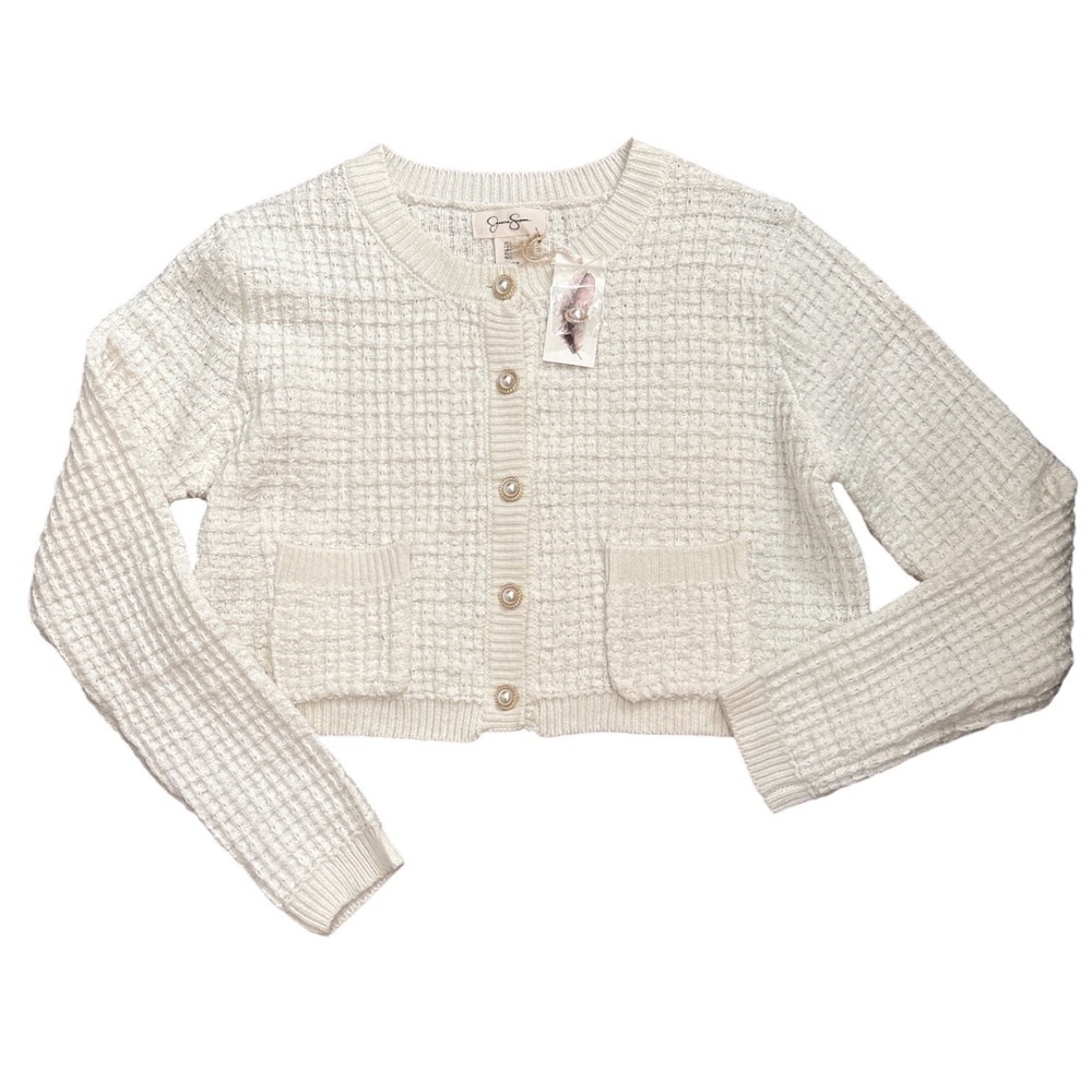 Jessica Simpson Womens Cream White Textured Knit Cropped Pearl Button Cardigan L